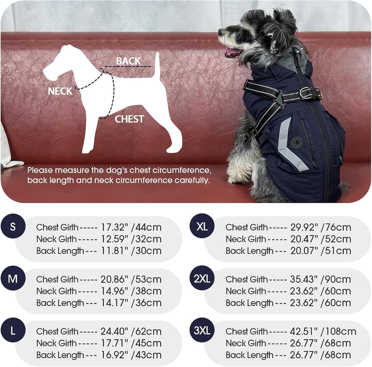 Reflective Dog Winter Coat, Fleece Lined Jacket for Large Dogs Back Zipper, Turtleneck Cozy Doggy Vest Thermal Clothes with Harness, Cold Weather Snow Outfits, Labrador (Dark Blue, 3XL)
