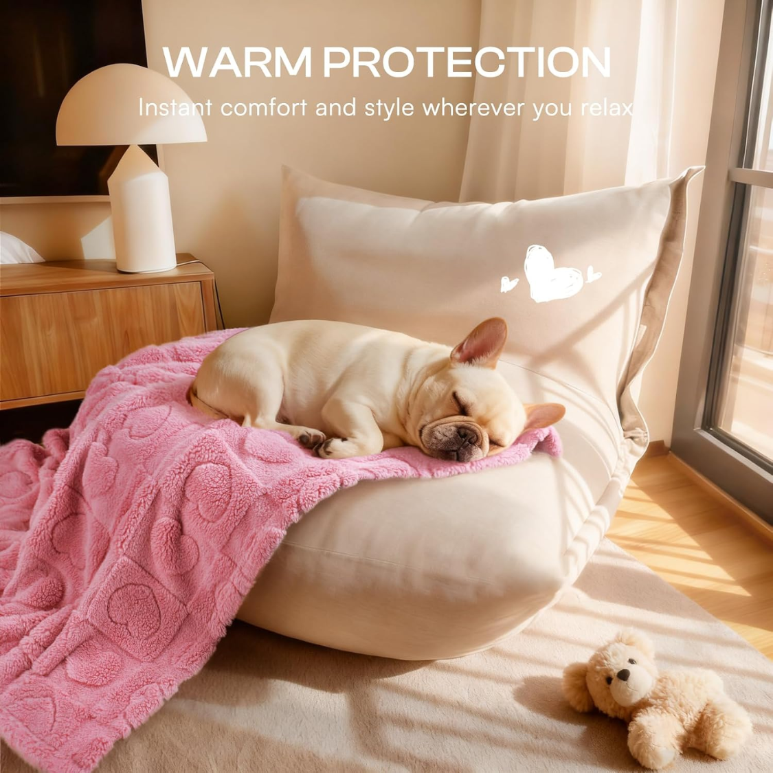 Puppy sleeping on the pink fleece pet blanket