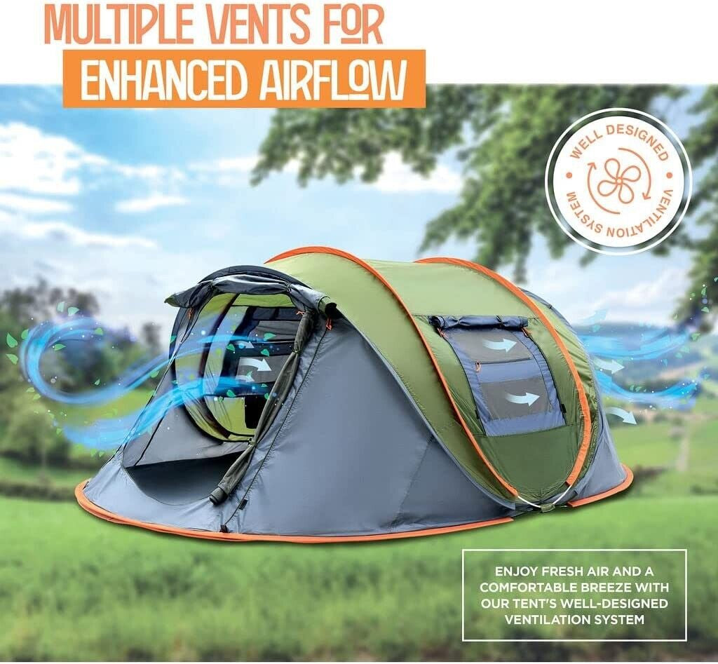 Camping Tent - 4-Person Easy Pop up Tent with 2 Doors - UPF50+ Waterproof