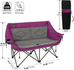 Heated Folding Loveseat Camping Chair Portable Double Duo Full Padded Garden Chair for 2 Person W/ 2 Cup Holder,Wine Glass Holder,Mesh Storage,Support 600Lbs (Battery NOT Included)