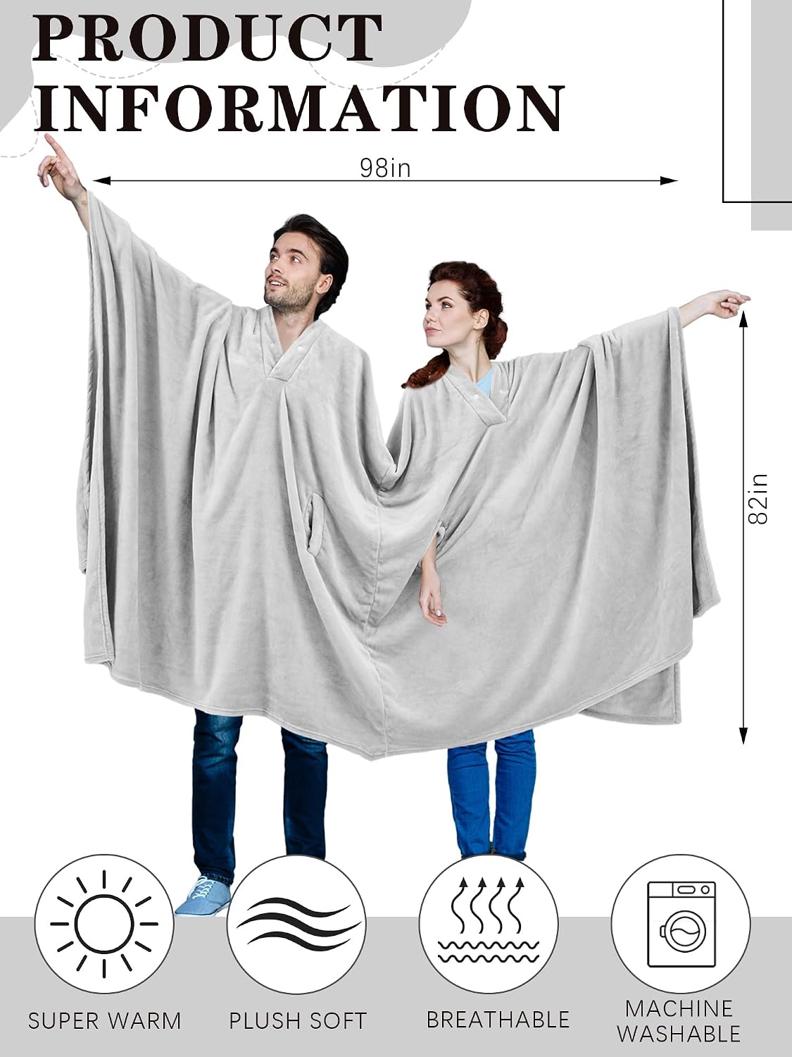 Couples Wearable Blanket – Light Gray, 82 × 98 in