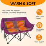 Heated Folding Loveseat Camping Chair Portable Double Duo Full Padded Garden Chair for 2 Person W/ 2 Cup Holder,Wine Glass Holder,Mesh Storage,Support 600Lbs (Battery NOT Included)