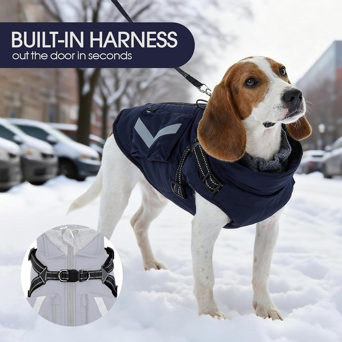 Reflective Dog Winter Coat, Fleece Lined Jacket for Large Dogs Back Zipper, Turtleneck Cozy Doggy Vest Thermal Clothes with Harness, Cold Weather Snow Outfits, Labrador (Dark Blue, 3XL)