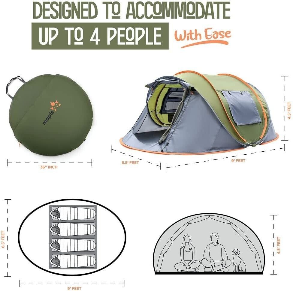 Camping Tent - 4-Person Easy Pop up Tent with 2 Doors - UPF50+ Waterproof