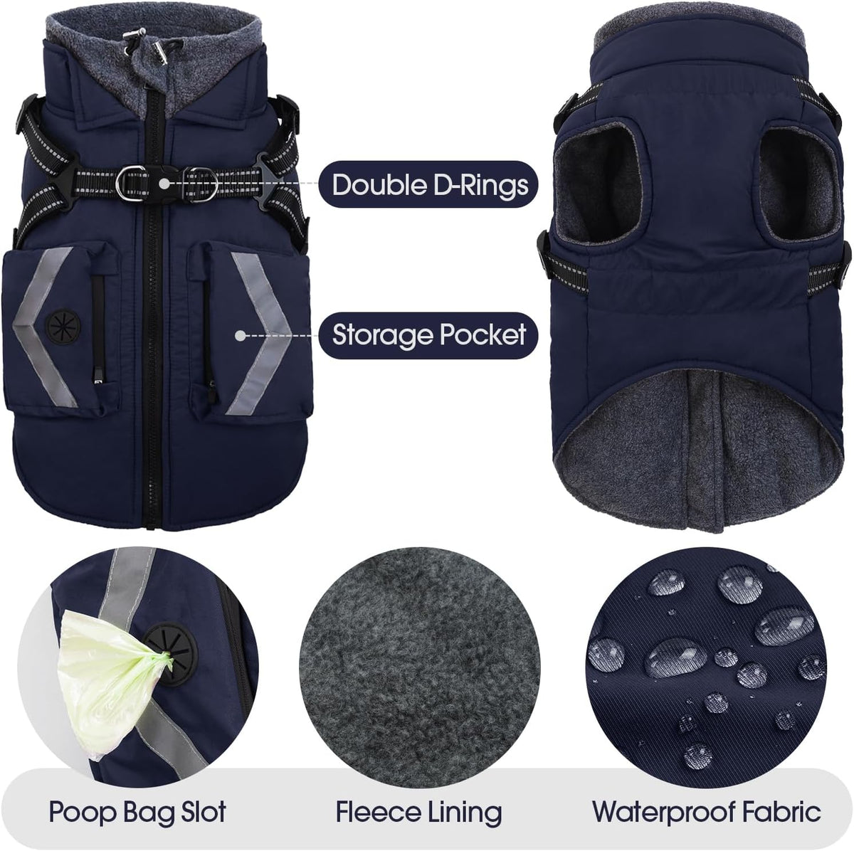 Reflective Dog Winter Coat, Fleece Lined Jacket for Large Dogs Back Zipper, Turtleneck Cozy Doggy Vest Thermal Clothes with Harness, Cold Weather Snow Outfits, Labrador (Dark Blue, 3XL)