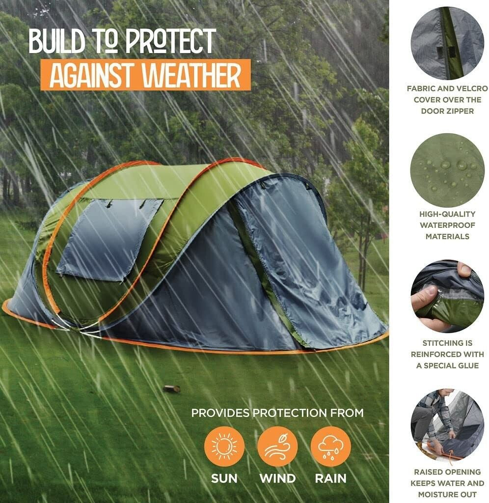 Camping Tent - 4-Person Easy Pop up Tent with 2 Doors - UPF50+ Waterproof