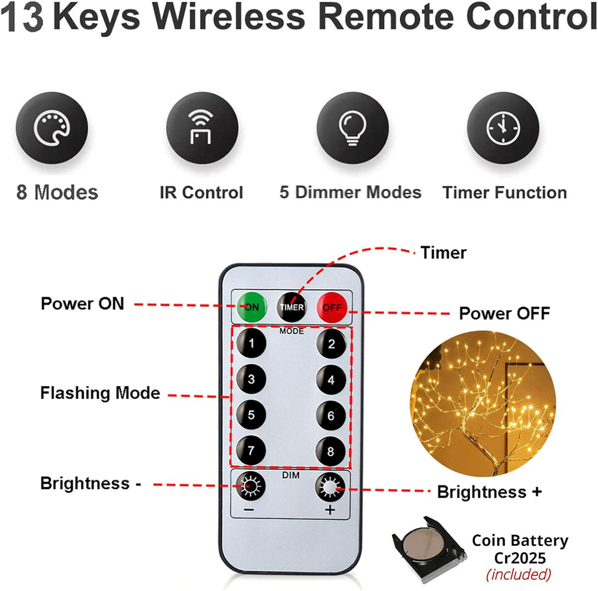108 LED Sparkly Fairy Tree Lamp, Warm White, Remote Control, Usb/Battery, 8 Modes, DIY Bonsai Decor, Festival Decoration Light