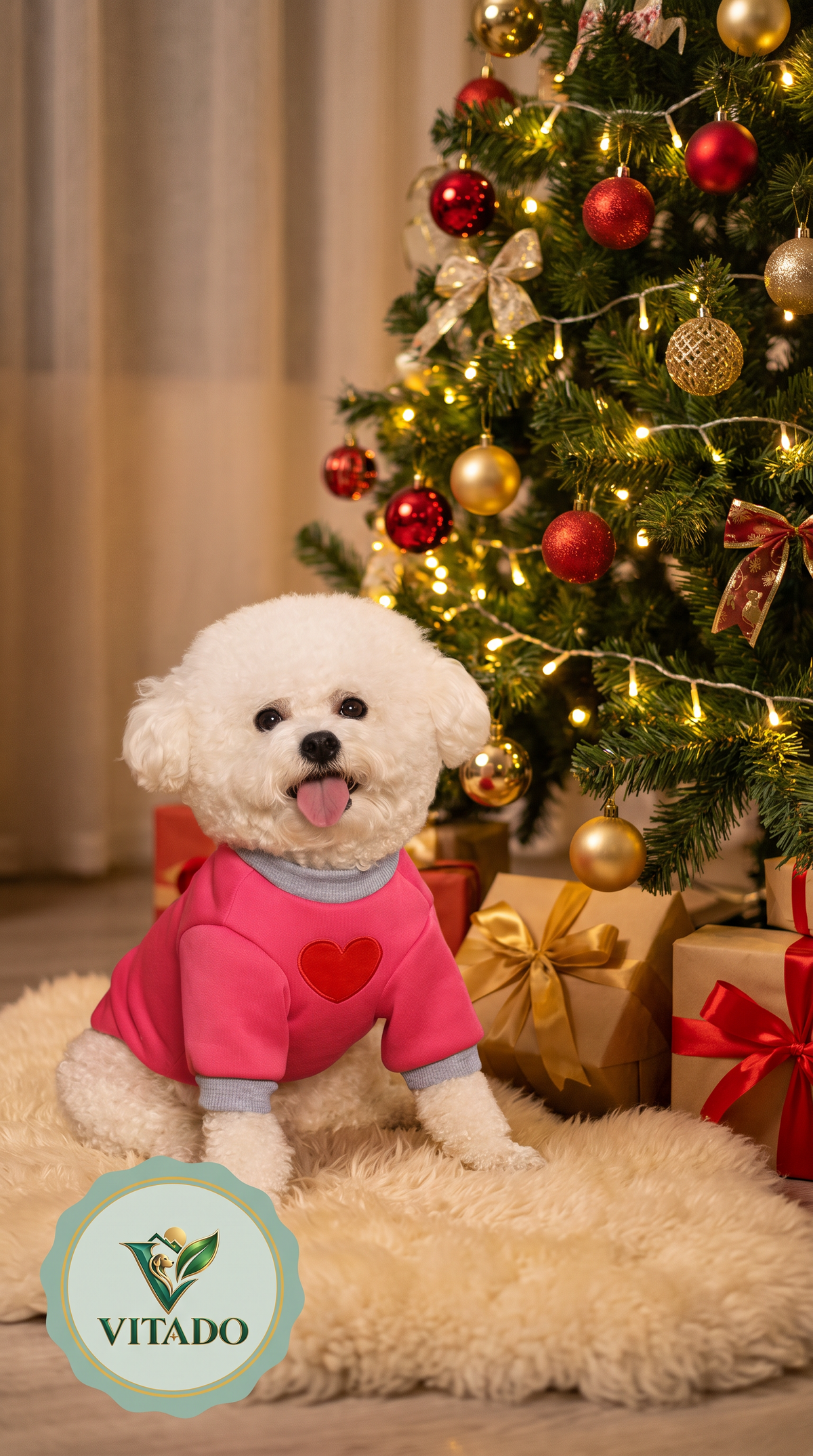 Small white dog in the pink heart sweater by a Christmas tree
