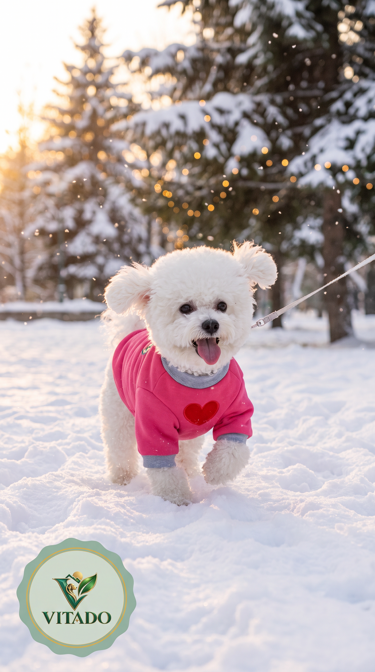 Small white dog in the pink heart sweater walking in the snow