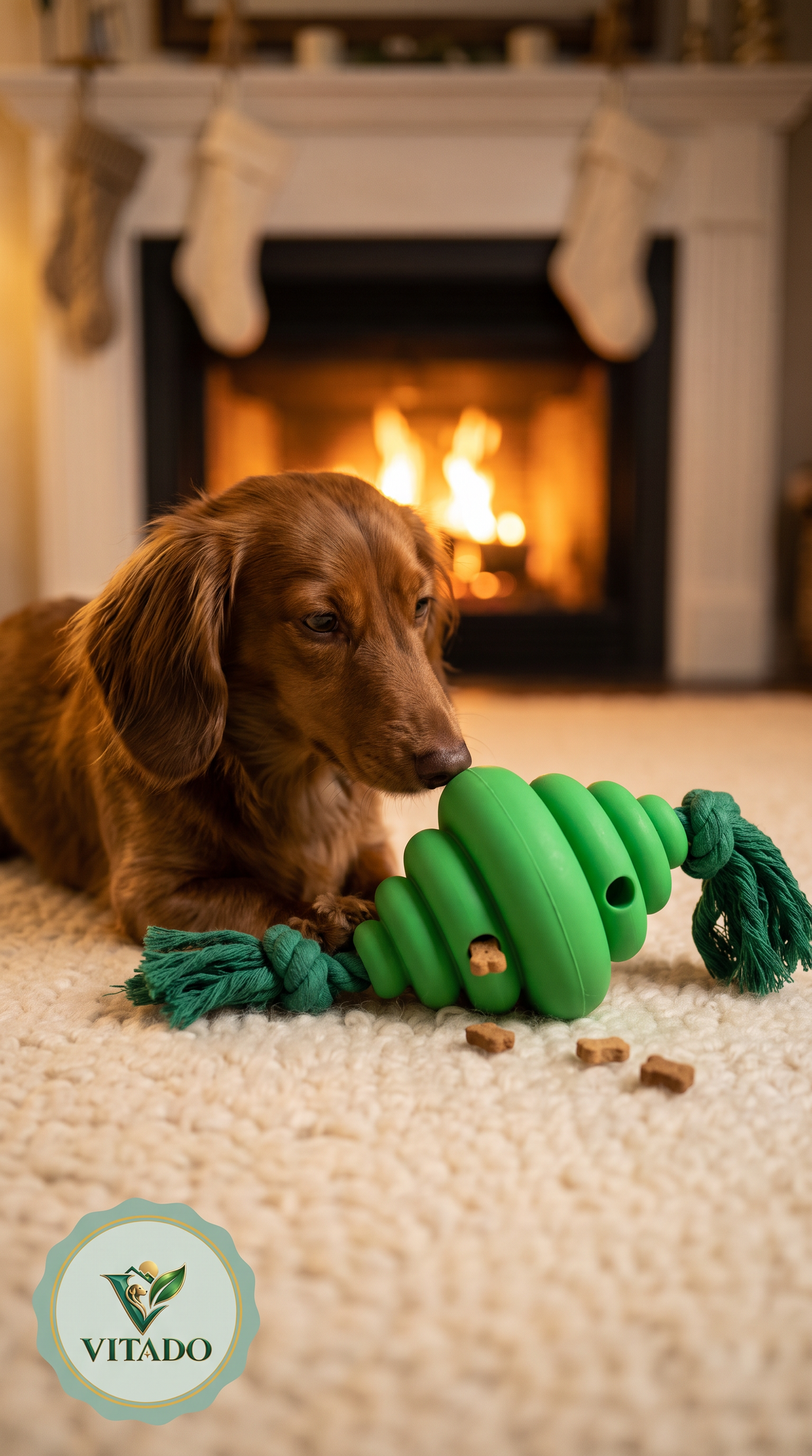 Dachshund sniffing a treat from the green rope treat-dispensing toy