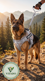 German Shepherd wearing the harness on a mountain trail