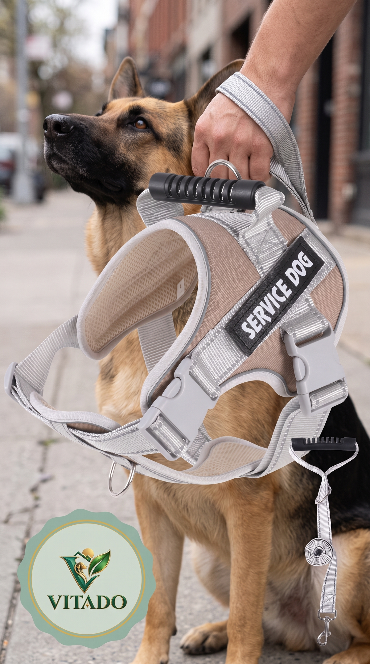 Close-up of the harness handle on a German Shepherd