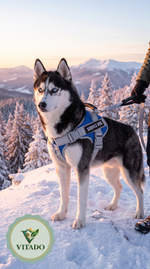 Siberian Husky wearing the blue harness with handle on a snowy ridge