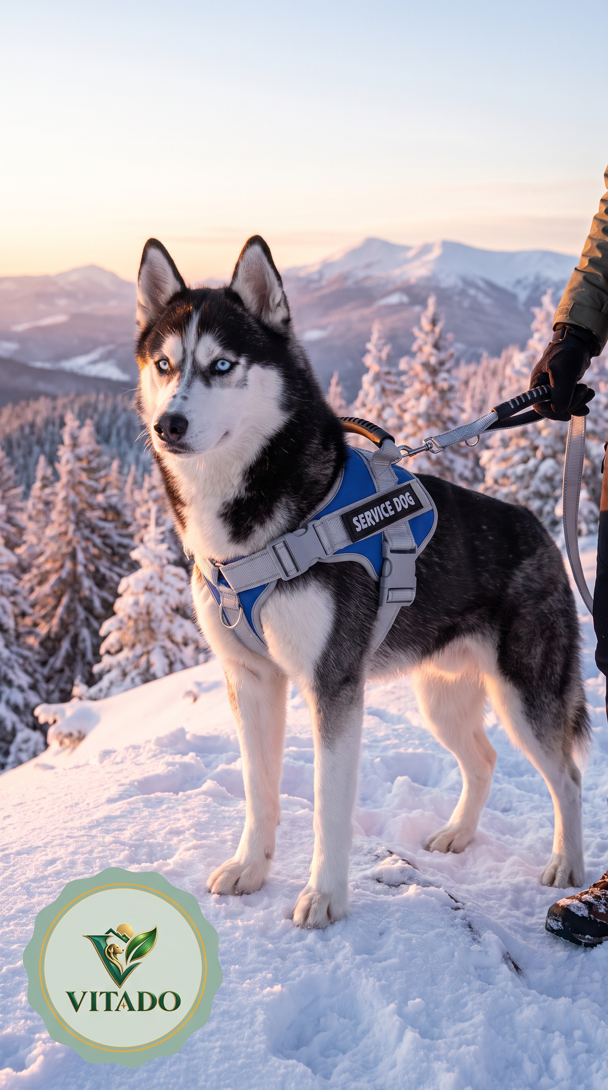 Siberian Husky wearing the blue harness with handle on a snowy ridge