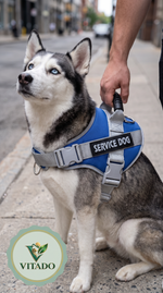 Close-up of the harness top handle and buckles on a Husky