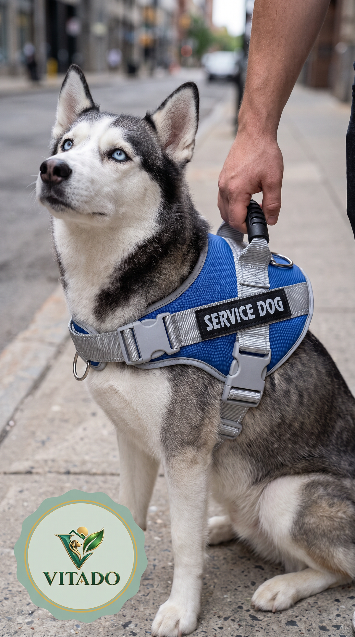Close-up of the harness top handle and buckles on a Husky