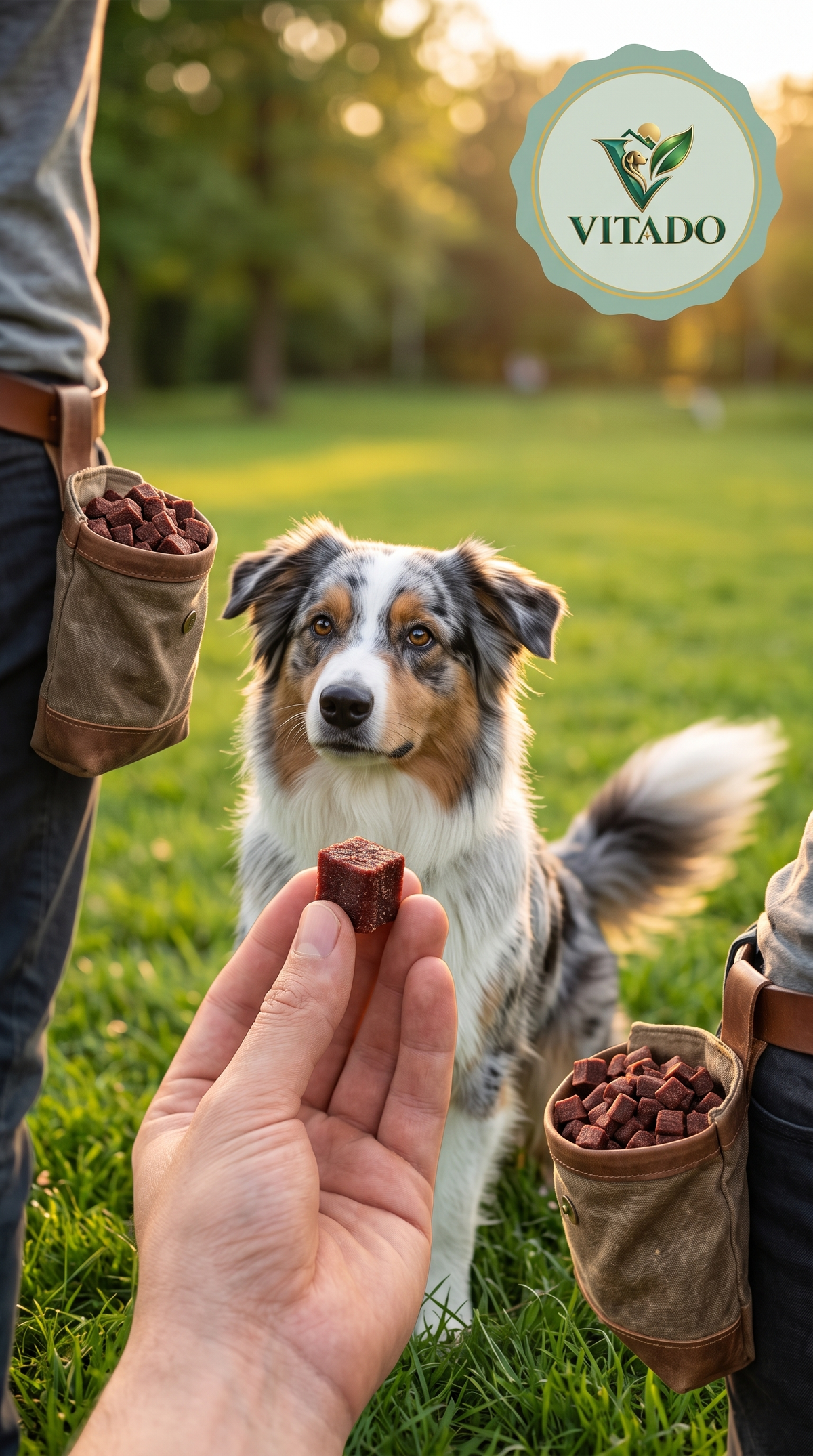 Australian Shepherd waiting for a beef cube treat during training
