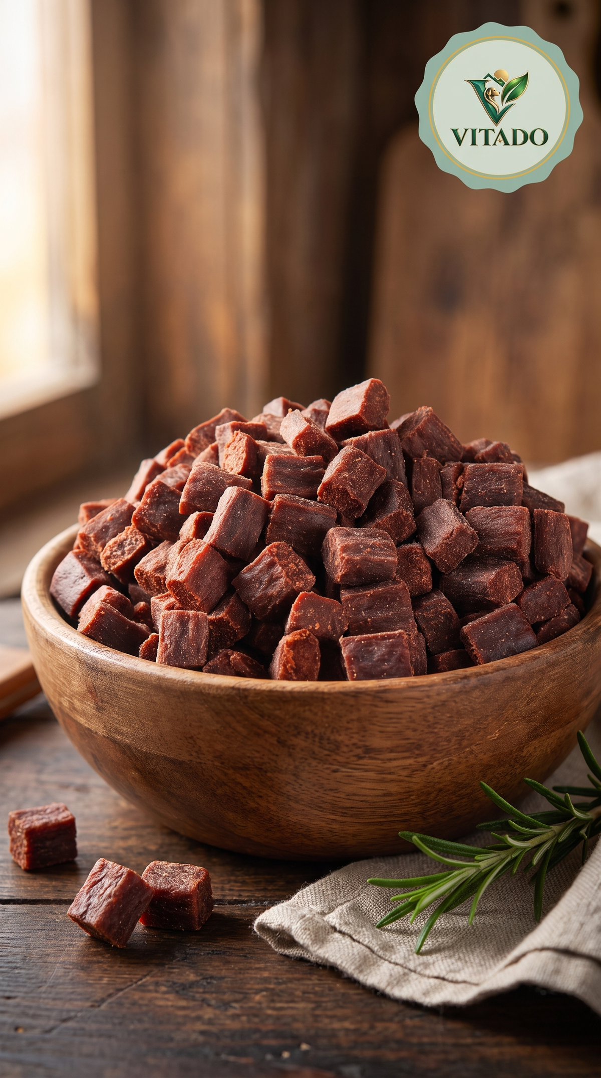 Wooden bowl of soft beef cube dog treats