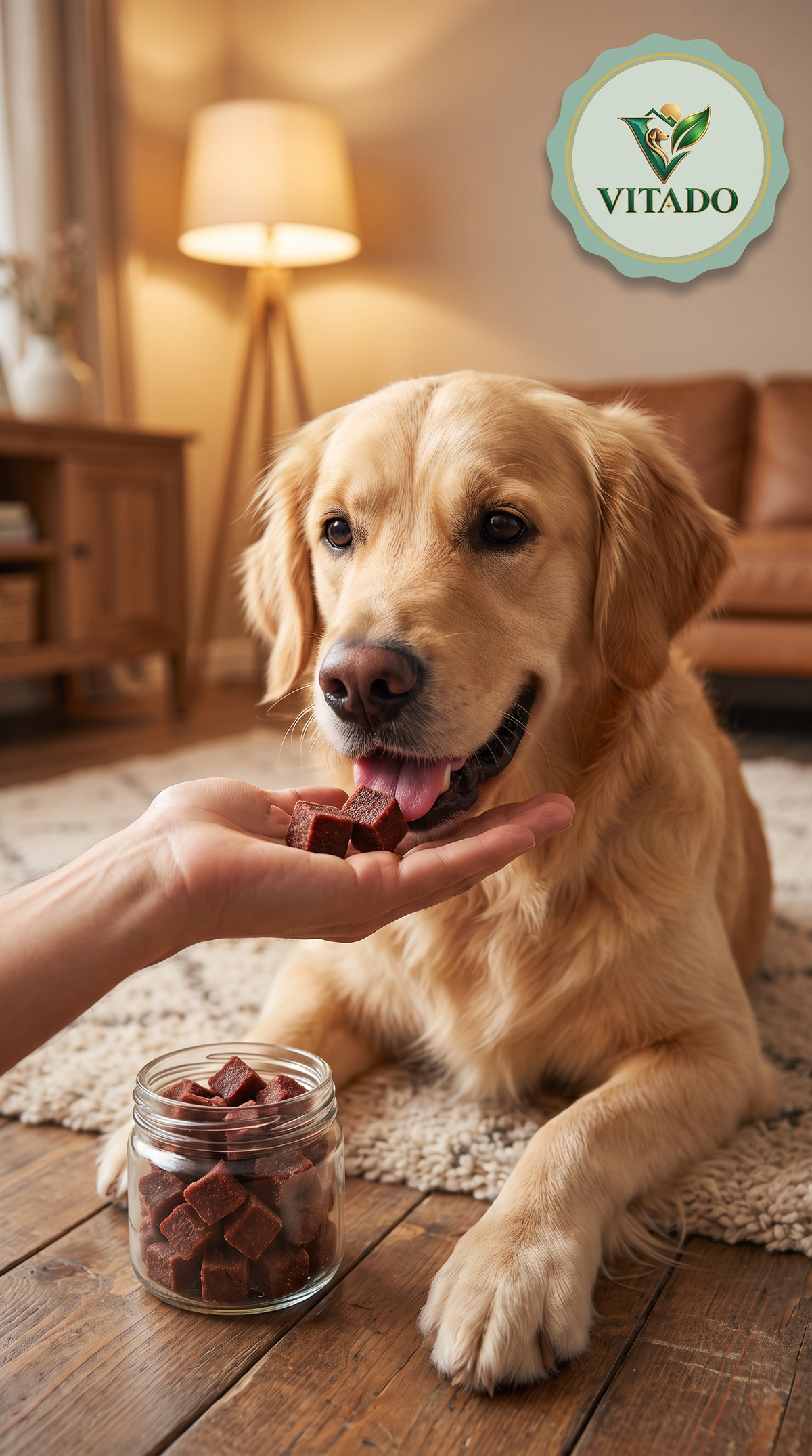 Golden Retriever taking a beef cube treat from its owner's hand