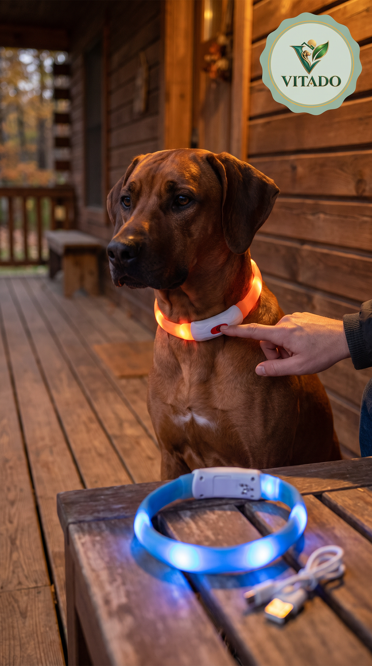 Rhodesian Ridgeback with an LED collar and the USB charging collar on a porch table