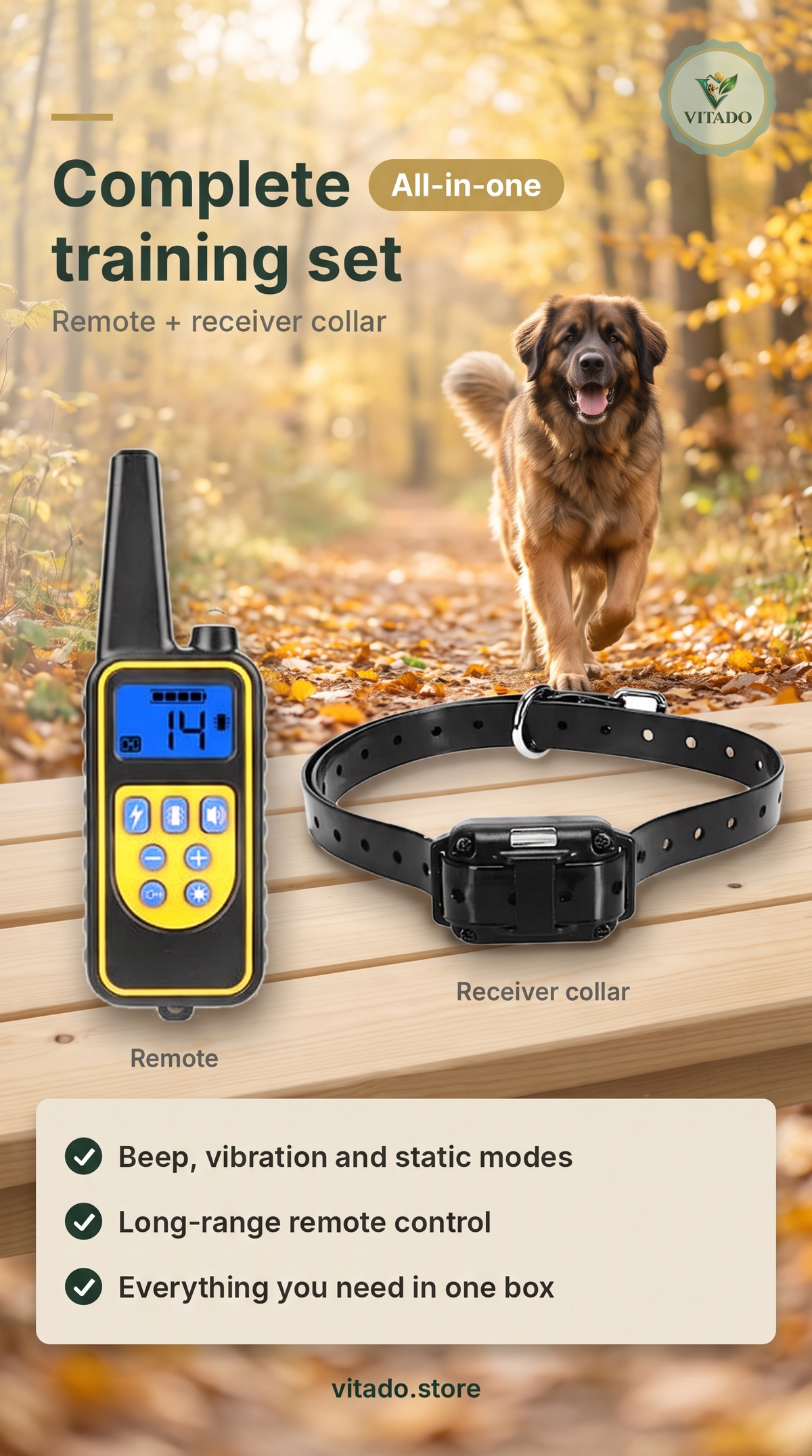 Dog training remote and receiver collar set on a wooden bench