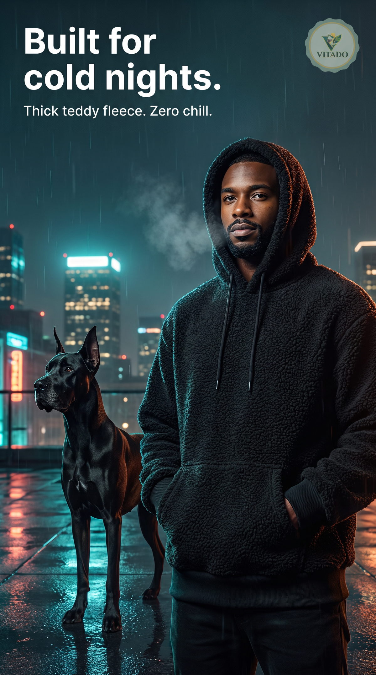 Man in a black teddy fleece hoodie on a city rooftop at night
