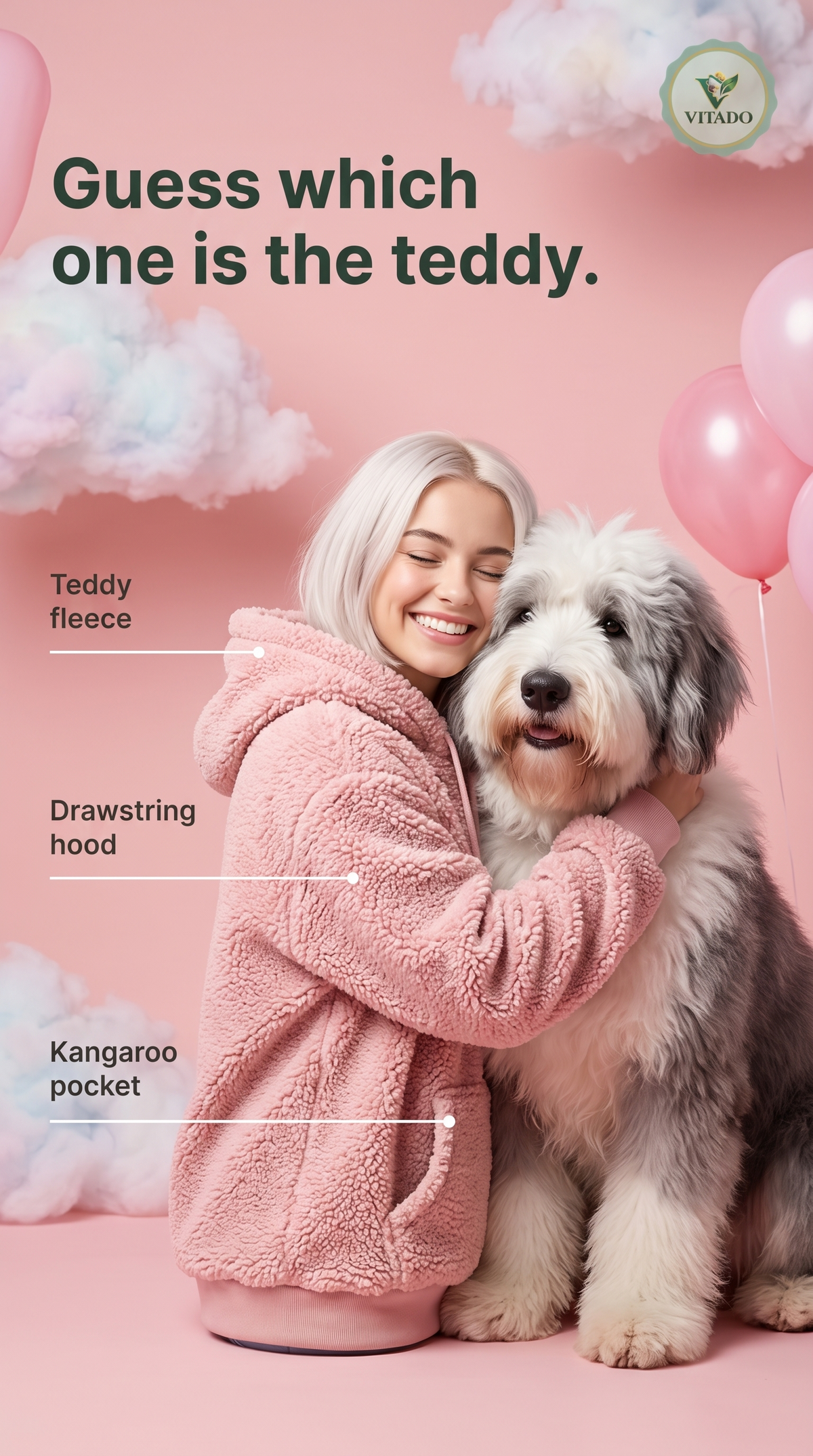 Woman in a pink teddy fleece hoodie hugging a sheepdog