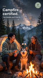 Friends in green and brown teddy fleece hoodies by a campfire