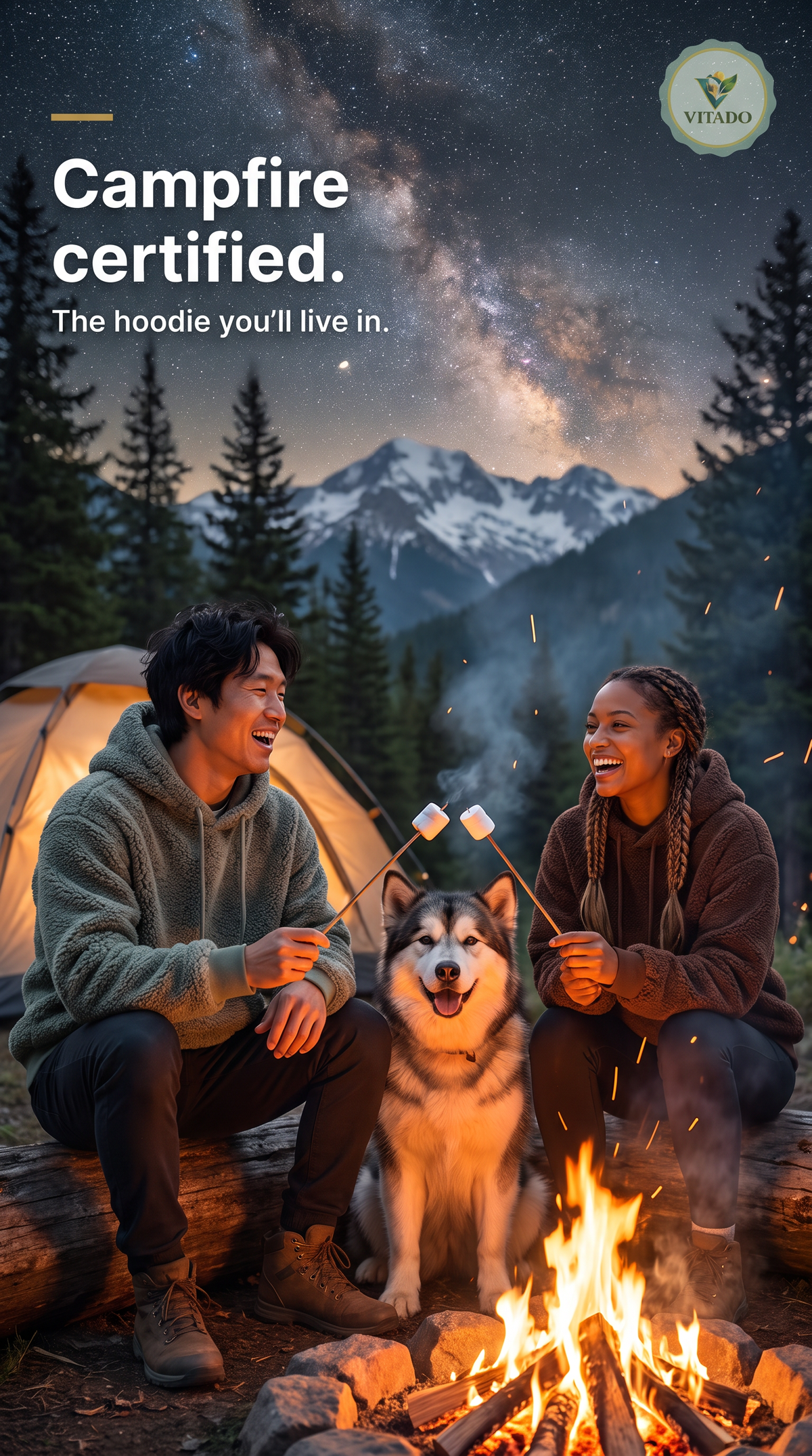 Friends in green and brown teddy fleece hoodies by a campfire