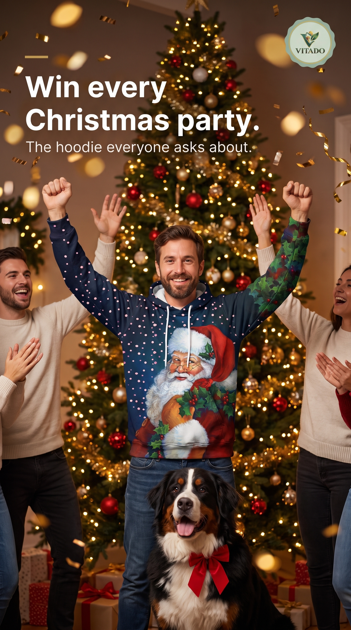 Man in the navy polka dot Santa print hoodie at a Christmas party