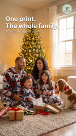 Family wearing matching Christmas print onesies on Christmas morning