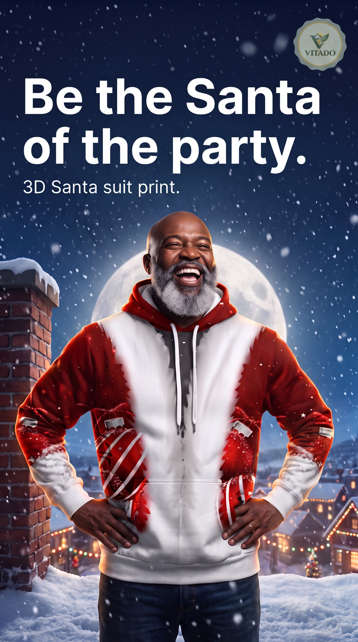 Man in the red and white 3D Santa suit print hoodie on a snowy rooftop